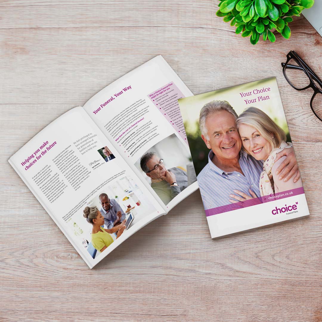 Our Choice Funeral Plans brochure laid out on a table.